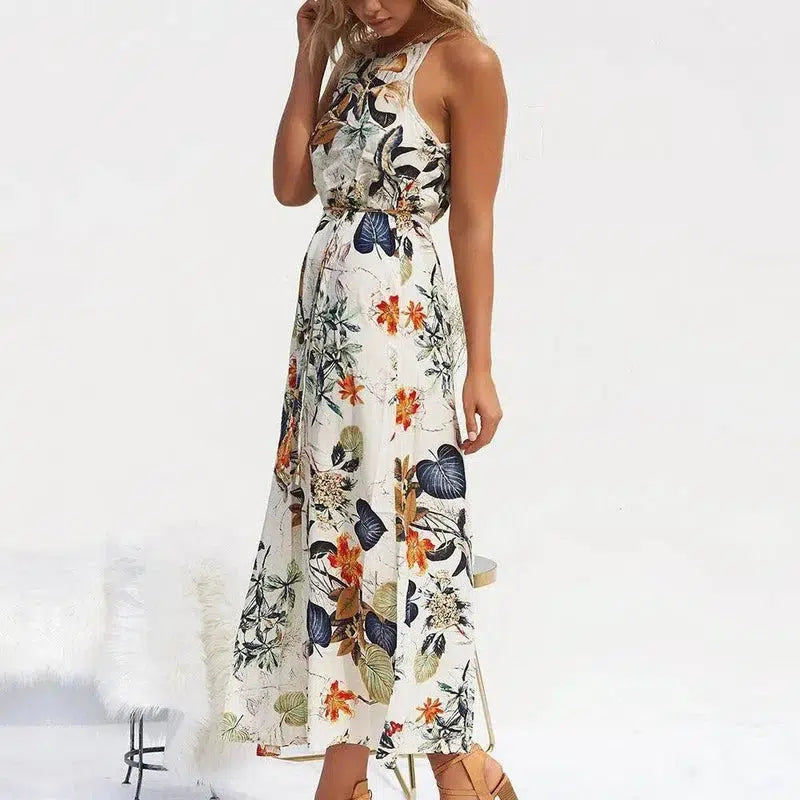 European and American sling cotton printed long beach dress-3