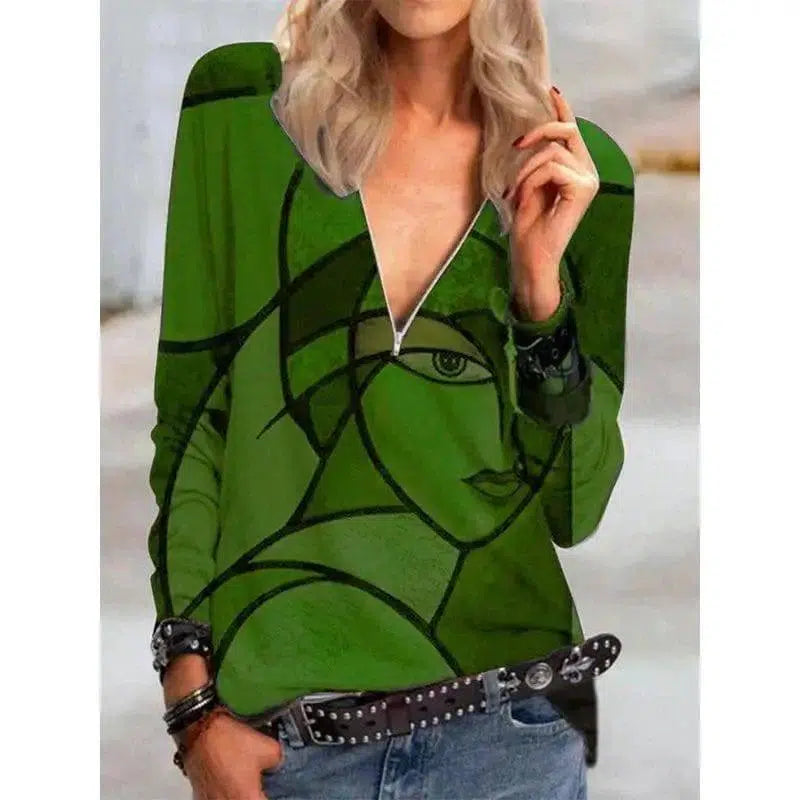 Face Print Pattern Long-sleeved Zipper T-shirt For-Green-7