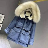 Fashion Hooded Faux Fur Collar Women's Clothing Big Pocket-Blue-2