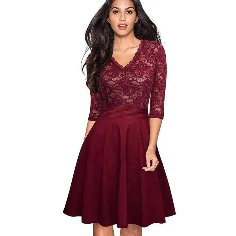 Fond Paradise V-neck Lace Dress-Wine Red-4