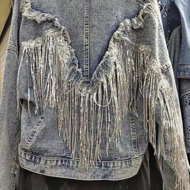 LOVEMI - Lovemi - Fringed Denim Jacket Women'S Short Loose Top