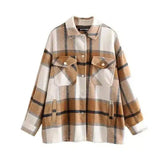 Plaid Flannel Button-Up Jacket with Pockets-Khaki-2