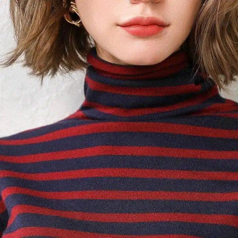 Warm Striped Turtleneck Sweater-Red blue-2