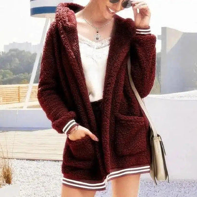 Hooded thick plush coat-Red wine-3