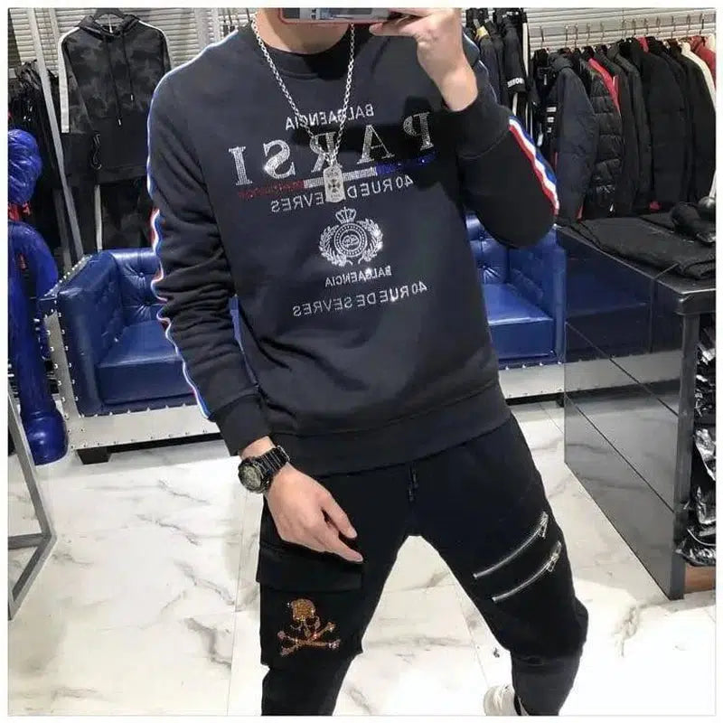 Hot drill bottoming shirt round neck trendy sweater men-Black-3