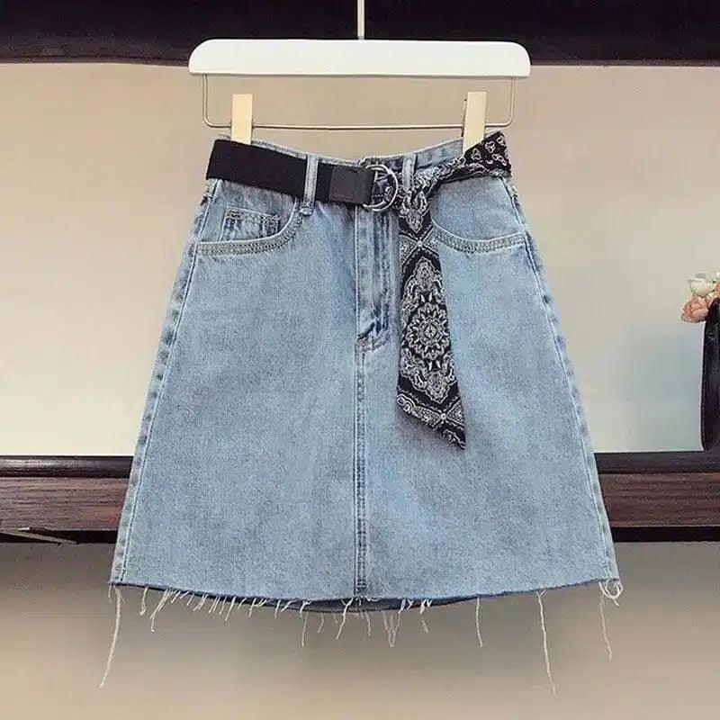 LOVEMI - Lovemi - Ice Silk Knit Short-sleeved Top Denim Skirt Suit