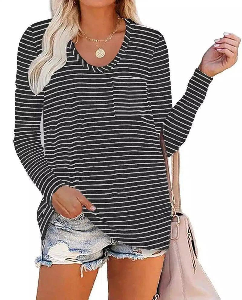 Women's Striped Long Sleeve T-Shirt with Pocket-Black-1