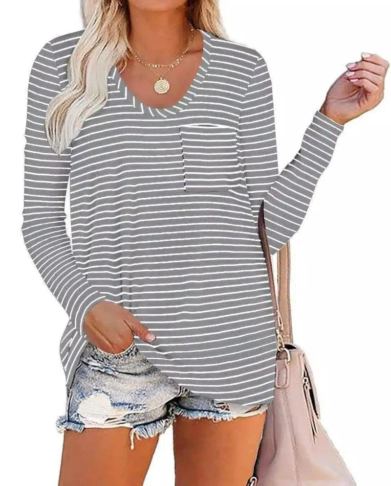 Women's Striped Long Sleeve T-Shirt with Pocket-Grey-3