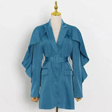 Irregular Ruffled Solid Color Jacket With Receiving Waist-Blue-3