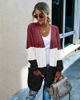 Women's Knit Cardigan with Pockets-Red white-6