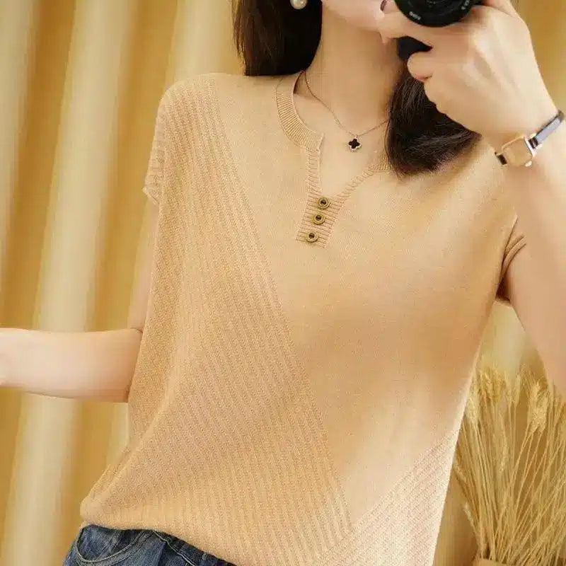 Women's Short Sleeve Knit Top with Button Detail-Camel-3