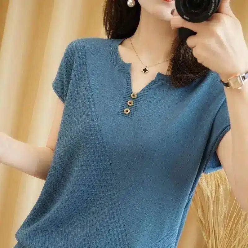 Women's Short Sleeve Knit Top with Button Detail-Blue-5