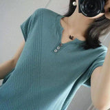 Women's Short Sleeve Knit Top with Button Detail-Green-6