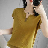 Women's Short Sleeve Knit Top with Button Detail-Yellow-7