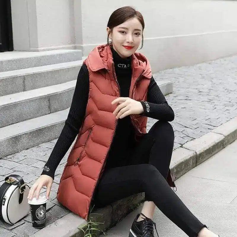 Korean women's down padded jacket-Brick red-4