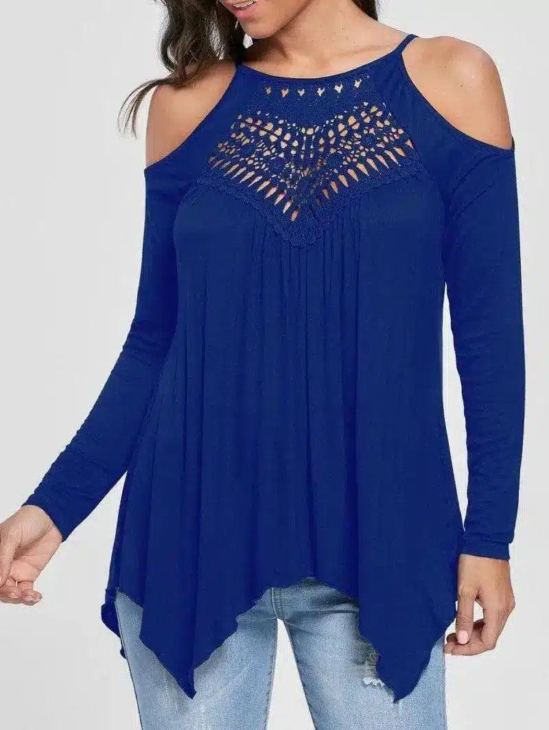 Women's Cold Shoulder Long Sleeve Top-Blue-6