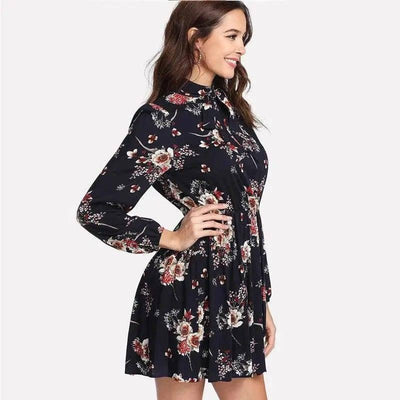 LOVEMI - Lovemi - Lace-up long-sleeved elastic waist print dress