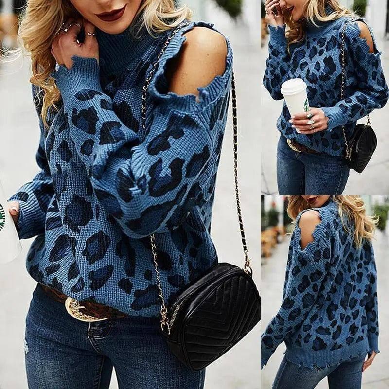 Leopard Print Long-Sleeved Casual Loose Knit Sweater-1