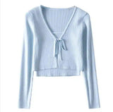 Women's Tie-Front Ribbed Crop Sweater-Blue-2