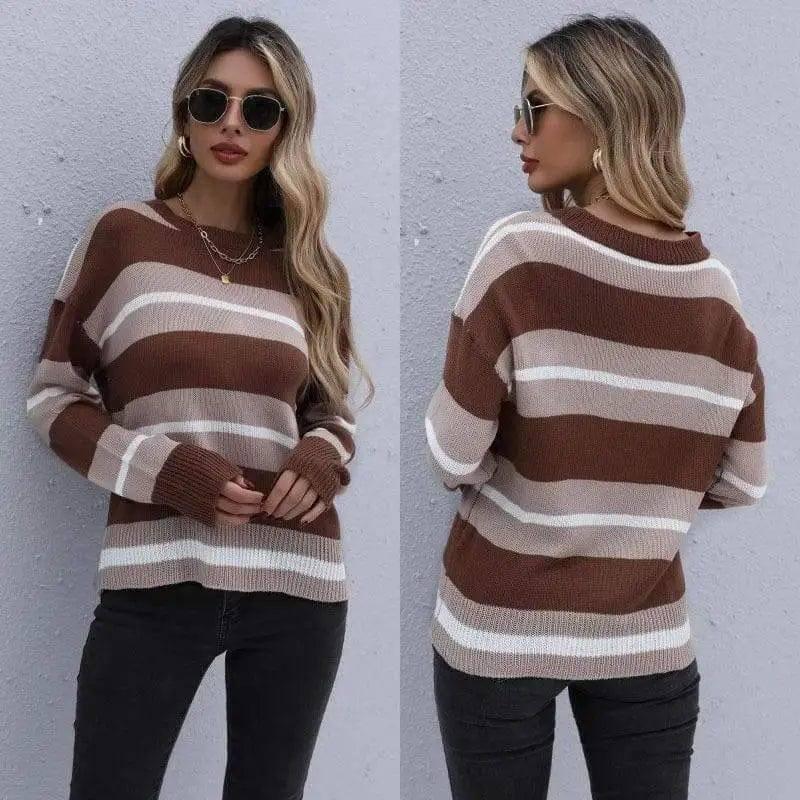 Long Sleeve Striped Round Neck Knitted Sweater-1