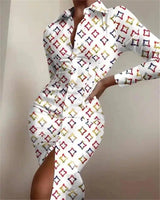 LOVEMI - Lovemi - Long-sleeved Waist Printed Shirt Dress