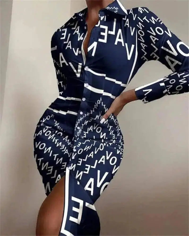 Long-sleeved Waist Printed Shirt Dress-Blue letters-5