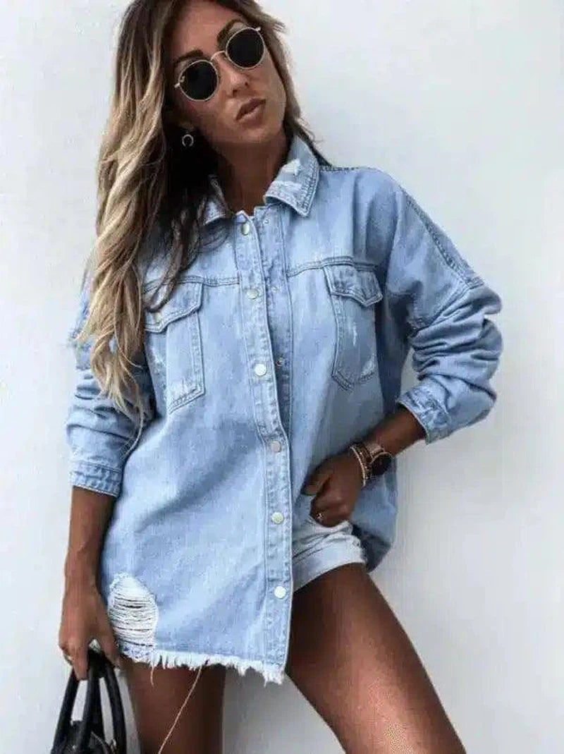 LOVEMI - Lovemi - Long-Sleeved Women'S Jacket Ripped Denim Jacket