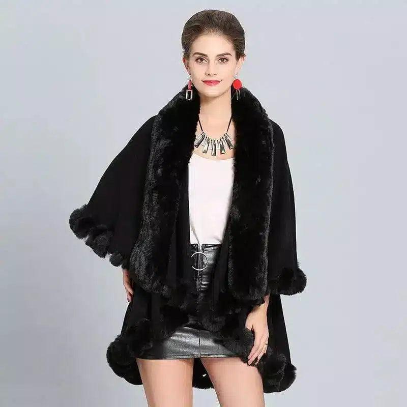 LOVEMI - Lovemi - Loose Fox Fur Collar Double-layer Knitted Shawl