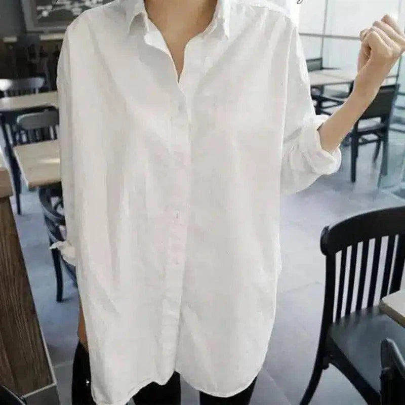 Loose V-neck white shirt-White-1