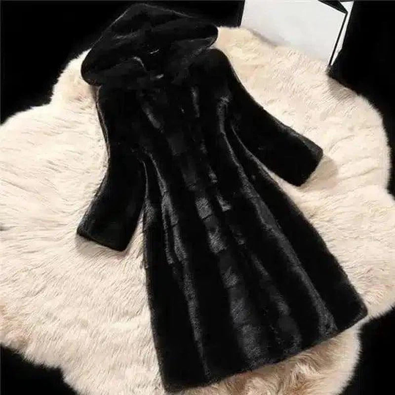 Cream Hooded Mink Faux Fur Coat-Black-4