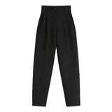 Womens Casual Blazer & High-Waist Trousers Set-Black-3