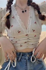 Cherry Print Lace Trim Cropped Blouse-White-1