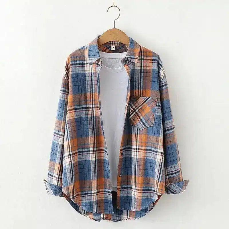 Plaid Cotton Casual Shirt with Pocket-Dark blue grid-18