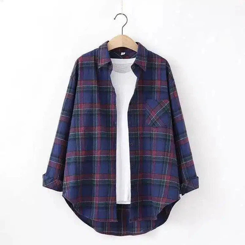 Plaid Cotton Casual Shirt with Pocket-Red and purple grid-6