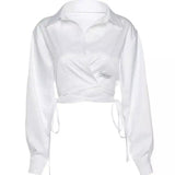 Women's Cropped Tie-Waist Shirt-White-2