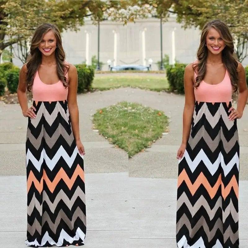 Printed Waves Stripe Long Skirt Dress-RoseRed-17