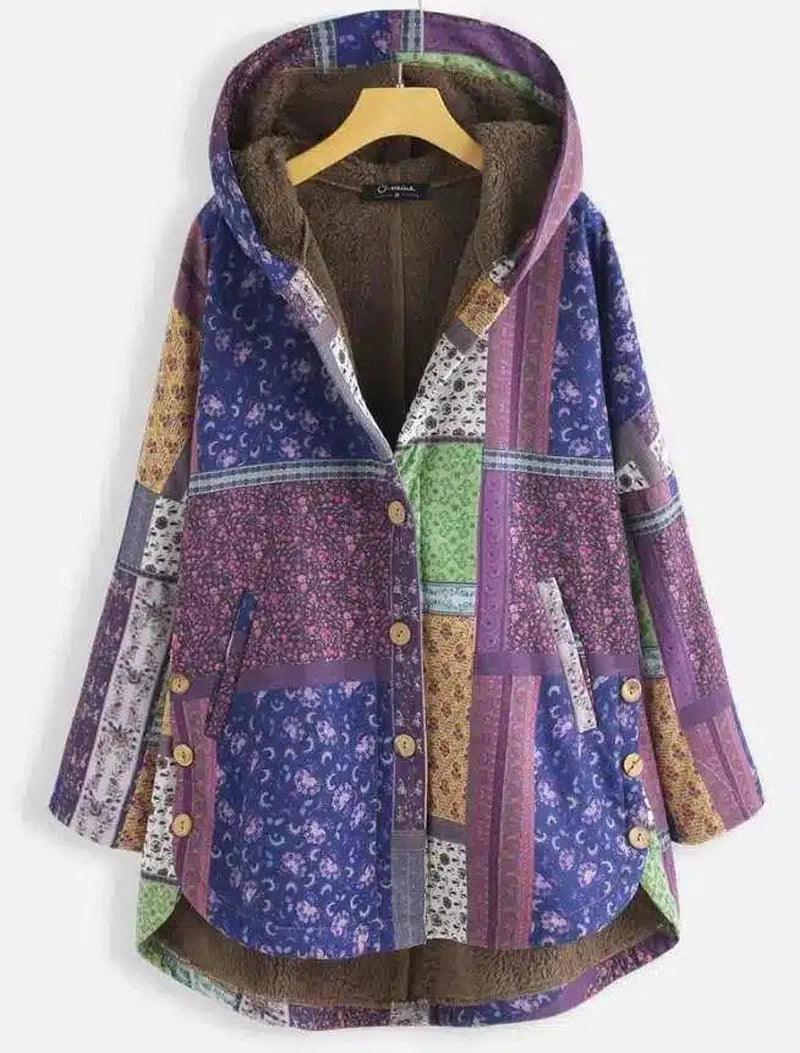 Hooded Patchwork Jacket with Pockets-Purple-2