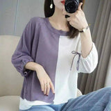 Women's Casual Two-Tone Knit Top-Purple-3