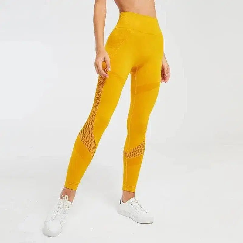 Seamless crescent hollow fitness trousers-yellow-1