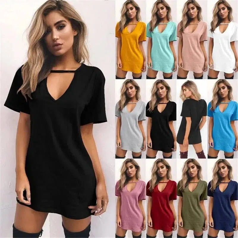 deep V short-sleeved T-shirt loose casual dress-1