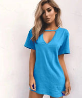 deep V short-sleeved T-shirt loose casual dress-Skyblue-22