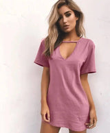 deep V short-sleeved T-shirt loose casual dress-Pink-70