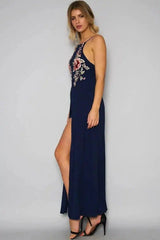 halter backless hand-embroidered split dress-blue-3