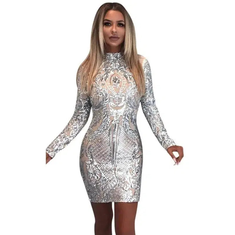 High Neck Long Sleeve Sequin Elegant Party Dress-1