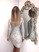 High Neck Long Sleeve Sequin Elegant Party Dress-7