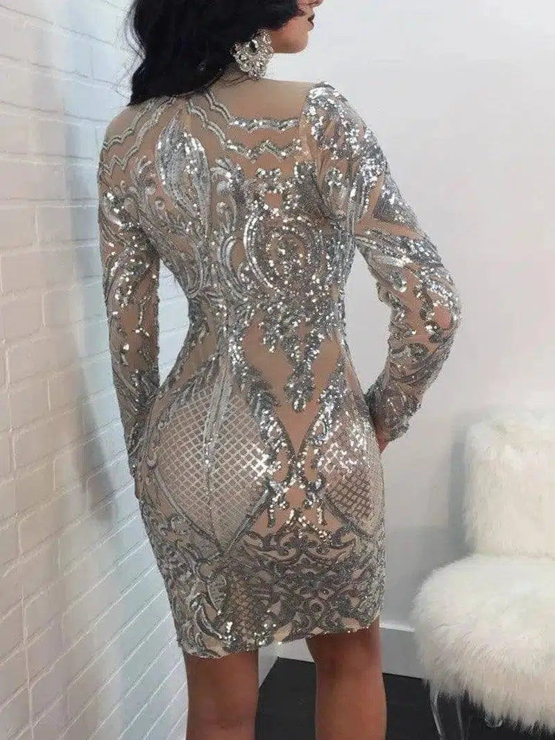 High Neck Long Sleeve Sequin Elegant Party Dress-8