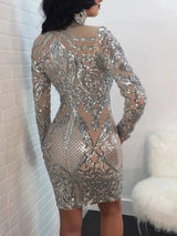 High Neck Long Sleeve Sequin Elegant Party Dress-8