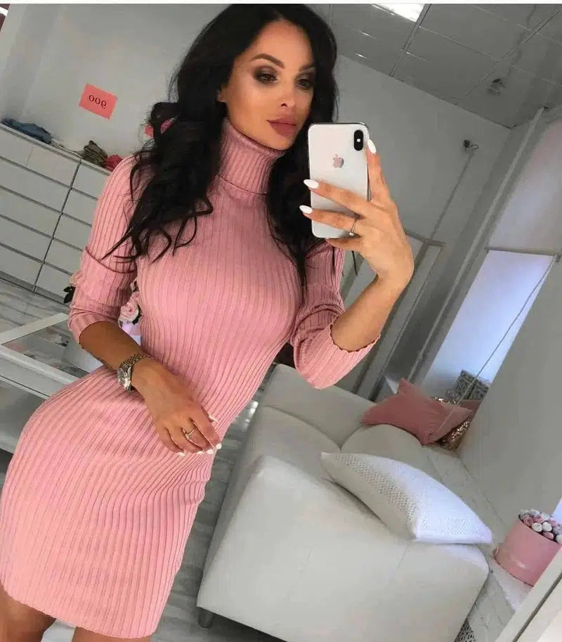 Turtleneck Slim Long Sleeve Dress-Pink-12