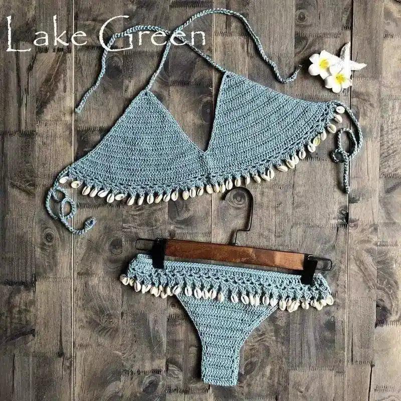 LOVEMI - Lovemi - Shell Split Swimsuit Hand Crocheted Cotton Woven