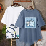 Cute Cartoon Animal Print Cotton T-Shirts-White plus gray blue-3